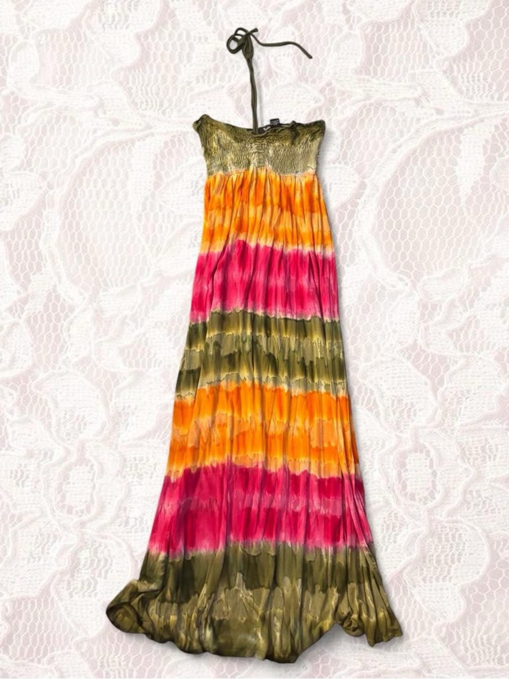 Raviya Strapless Tie-Dye Maxi Dress in Pink, Orange & Olive